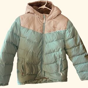 Eddie Bauer Mint Green Girl’s Hooded Chevron Puffer with Light Gray Yoke